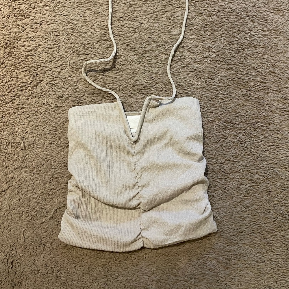 H&M V Neck Halter Top Cropped Ruched Sand Beige Color Size XS